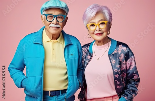 Full body photo of an Asian elderly couple in love wearing hipster clothes and glasses. Soft pastel colors.