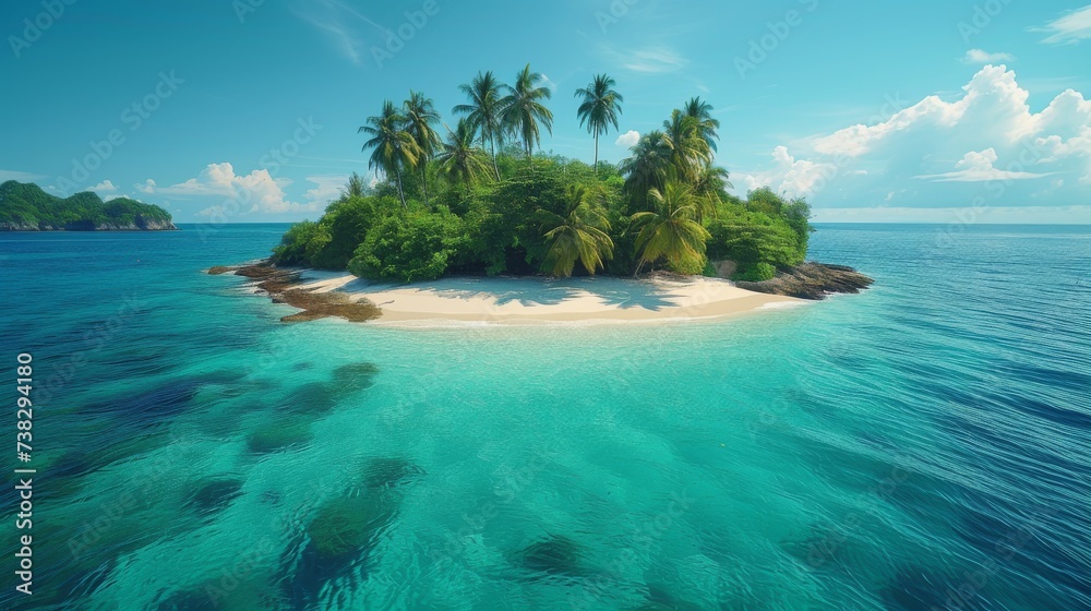 Remote Island Paradise: A secluded tropical island with crystal-clear waters, white sandy beaches, and lush greenery, ideal for beach and vacation themes.
