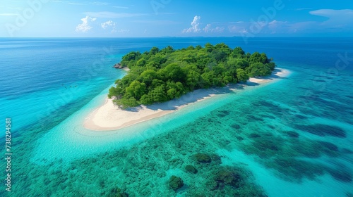 Remote Island Paradise: A secluded tropical island with crystal-clear waters, white sandy beaches, and lush greenery, ideal for beach and vacation themes.
