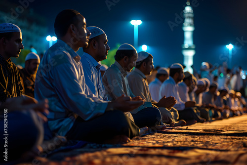 Muslim prayers sitting in front of mosque at Ramadan night with selective focus, neural network generated image photo