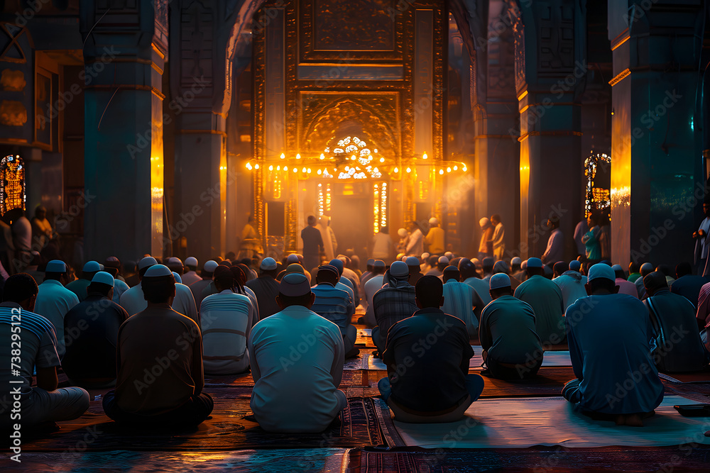 Muslim prayers sitting in a mosque at Ramadan night with selective focus, neural network generated image