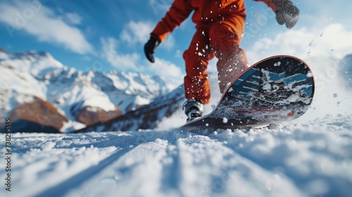 A young snowboarder rides down an alpine mountain at high speed