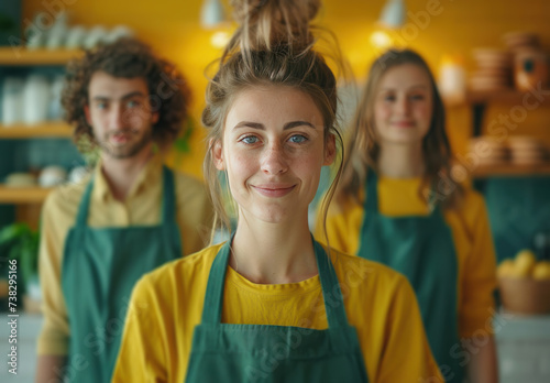 three cleaning people in green aprons stand still