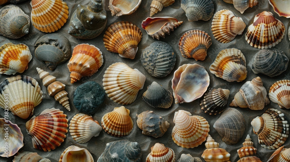 Abstract background made of shells of different shapes and sizes, top view Abstract background made of shells of different shapes and sizes, top view