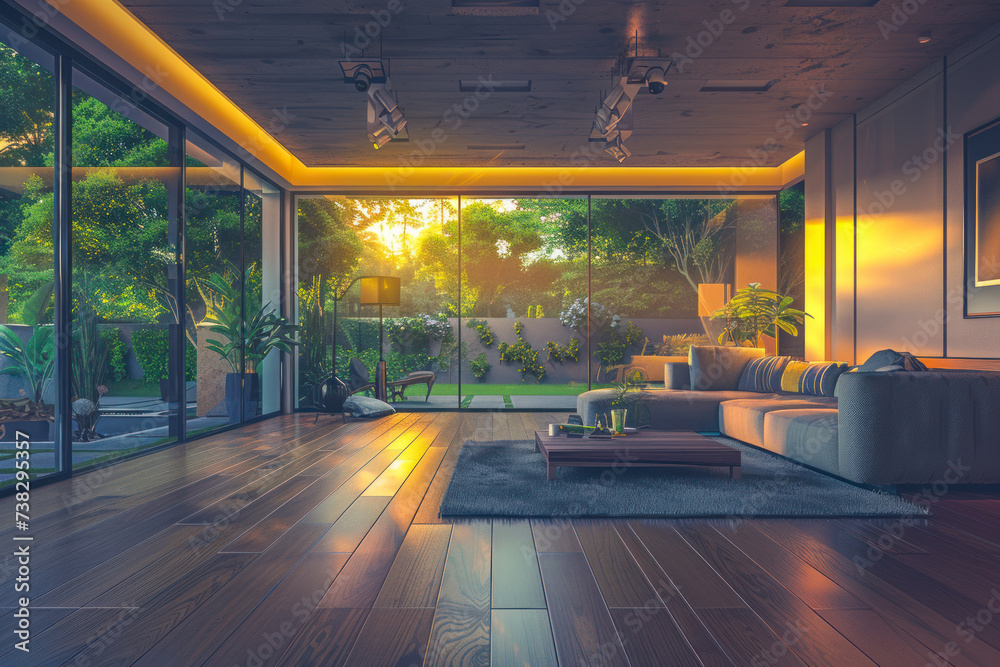 Internal view of a modern living room with wood flooring overlooking on the garden.