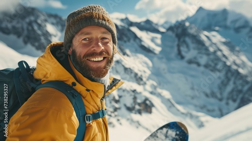 Snowboarder rides a snowboard from a big mountain. He smiles and looks at the...