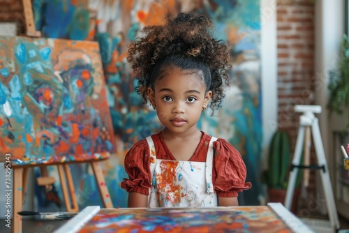 An eight-year-old girl paints on an easel in her bright, modern nursery. She ...