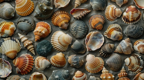 Abstract background made of shells of different shapes and sizes, top view