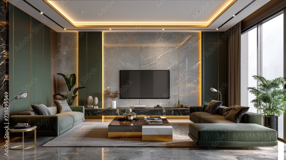 Modern minimalist living room in classic style. Dark green and gold tones Modern minimalist living room in classic style. Dark green and gold tones