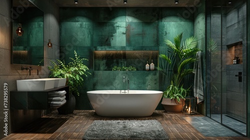 Beautifully modern dark bathroom interior in loft style. Dark green and black...