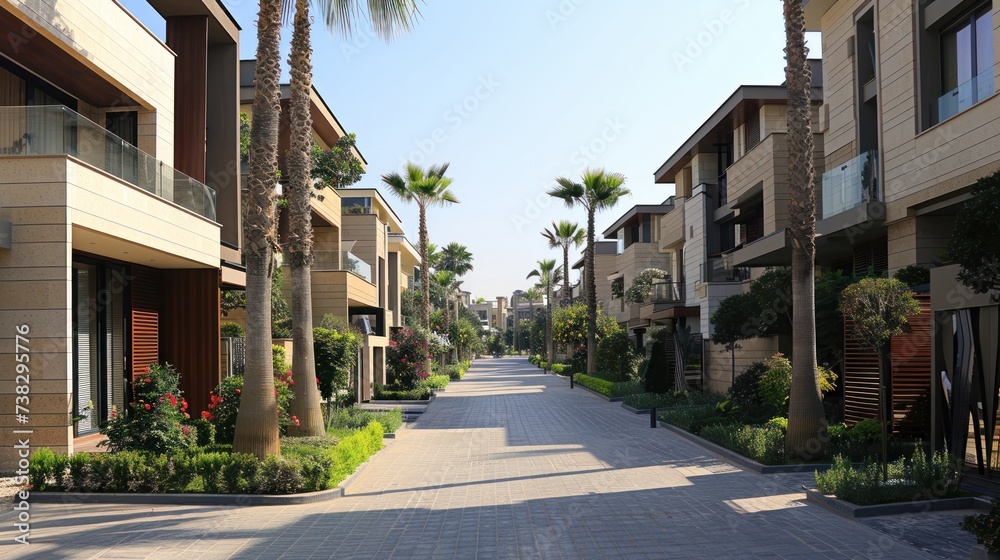 Modern city street with contemporary houses and lush landscaping.