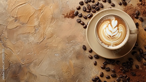 Beautiful minimalistic background with a cup of cappuccino and coffee beans a...