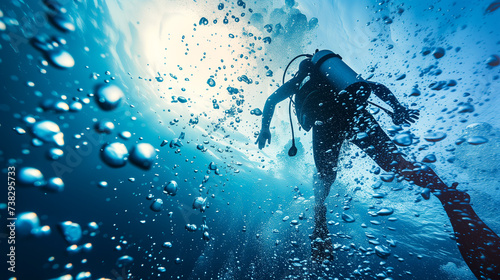 rear view of scuba diver in the ocean