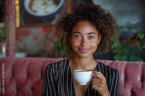 A young woman sits on a dark pink sofa drinks coffee from a white cup with a ...