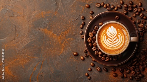 Beautiful minimalistic background with a cup of cappuccino and coffee beans a...