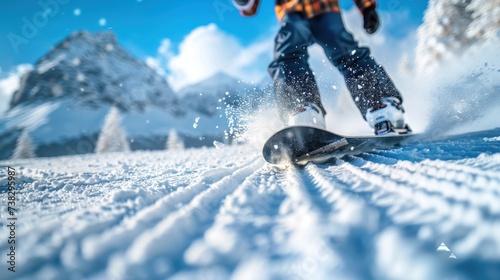 A young snowboarder rides down an alpine mountain at high speed
