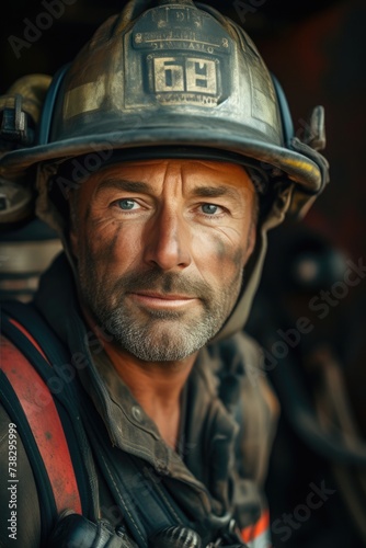 Experienced firefighter in full gear with a well-worn helmet poses for a portrait  exuding competence and readiness