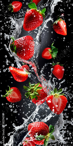 Juicy, ripe strawberries on a black background, water splashes, vertical. Coopy space. photo