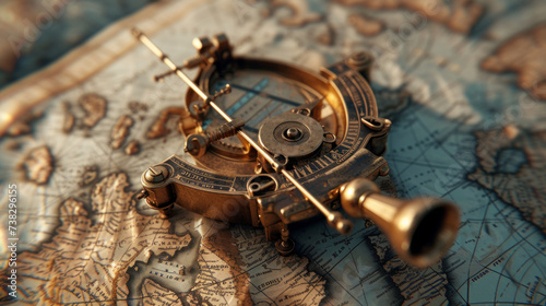 A tarnished brass sextant placed on a nautical chart, reflecting a history of maritime navigation