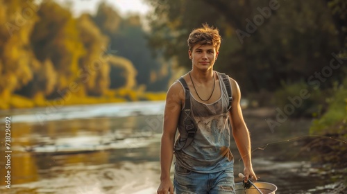 A young man walks in denim shorts and a sleeveless T-shirt with a metal bucke...