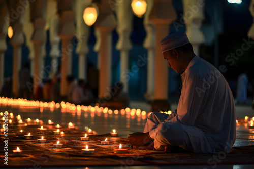 Senior Muslim prayer sitting in front of mosque at Ramadan night with selective focus, neural network generated image © lucky pics