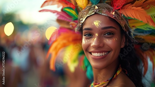 Beautiful young woman at the carnival in Rio de Janeiro with large copyspace area, offcenter composition