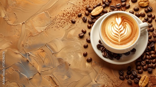 Beautiful minimalistic background with a cup of cappuccino and coffee beans a...