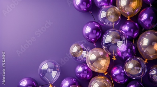 Beautiful festive minimalistic violet background with gold and clear balloons on the sides