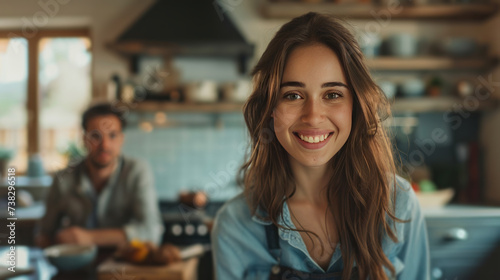 Beautiful young woman having breakfast while standing at the stove in the kit...