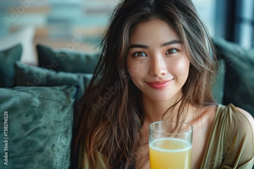 Young Asian woman sitting on a dark green sofa with a glass of lemonade. She ...
