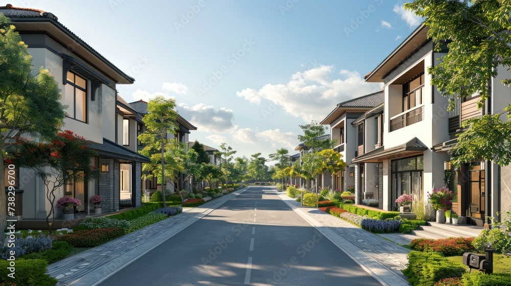 Sunny urban street with modern houses and landscaping.