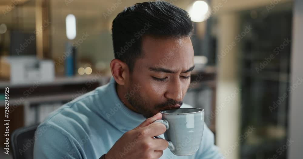 Business man, relax and coffee at desk for break, office and espresso for problem solving on work project. Japanese professional, reading and green tea for focus, productivity and reflection at night Business man, relax and coffee at desk for break, office and espresso for problem solving on work project. Japanese professional, reading and green tea for focus, productivity and reflection at night