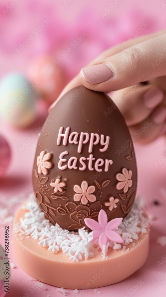 Obraz premium Happy easter chocolate easter egg in pink pastel