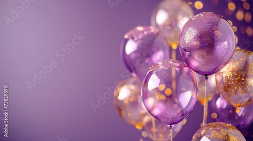 Beautiful festive minimalistic violet background with gold and clear balloons...