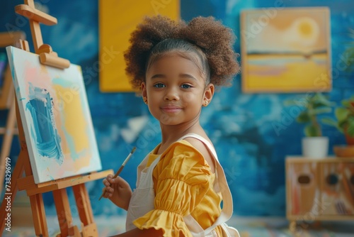 An eight-year-old girl paints on an easel in her bright, modern nursery. She ...