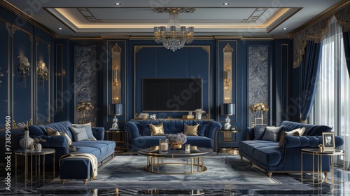 Modern minimalist living room in classic style. Dark blue and gold tones
