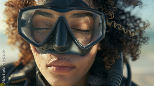 woman with curly hair with eyes closed in a bulky black rubber drysuit and wearing a sleek black scuba diving mask