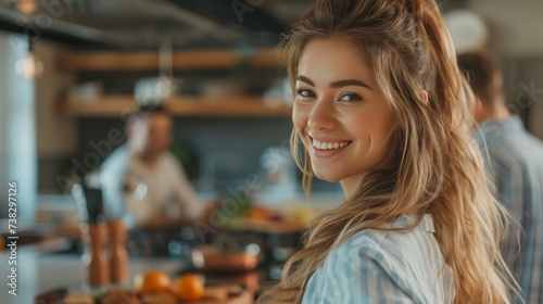 Beautiful young woman having breakfast while standing at the stove in the kit...