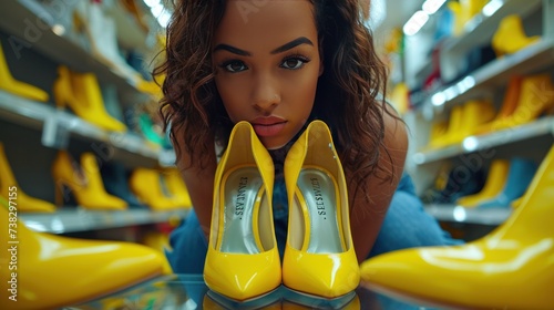 Beautiful young woman trying on yellow stiletto pumps in a store