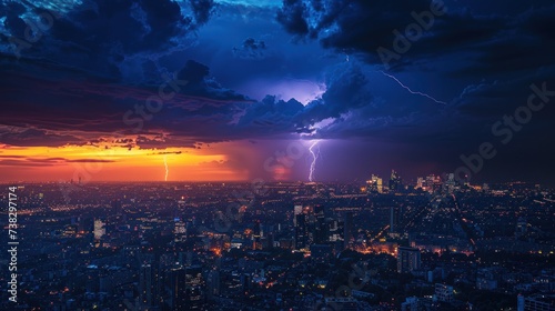 Lots of lightning in the night sky over the metropolis © olegganko