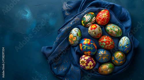 Exquisitely decorated Easter eggs nestled amidst neatly folded napkins on a deep blue surface, offering a striking top-down perspective