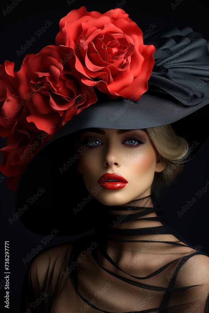 A woman with a black hat and red roses on it poses for the camera.