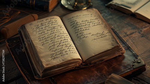 A well-worn leather-bound journal open to a page filled with elegant cursive handwriting