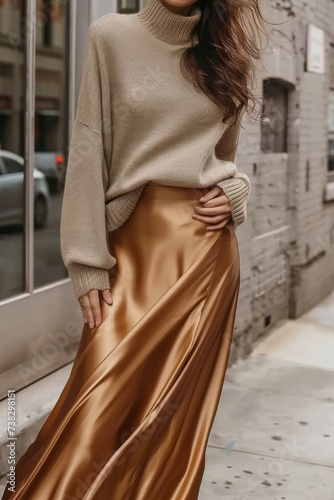 woman in a fashionable drape silk satin medi skirt 