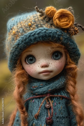 A doll with red hair, big blue eyes, and freckles on her face. She is wearing a blue-green hat with a yellow flower and a matching outfit.