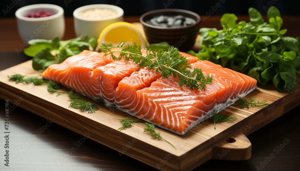 Fresh seafood fillet, healthy eating, grilled salmon steak on wood generated by AI Fresh seafood fillet, healthy eating, grilled salmon steak on wood generated by AI