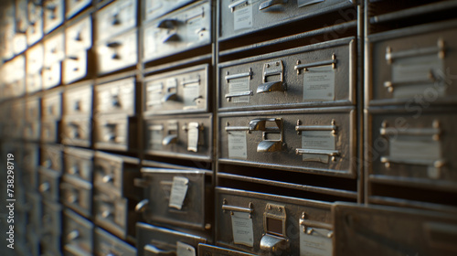 A row of vintage, metal filing cabinets filled with neatly organized index cards and documents photo