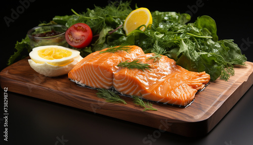 Freshness and healthy eating grilled salmon fillet with lemon and salad generated by AI