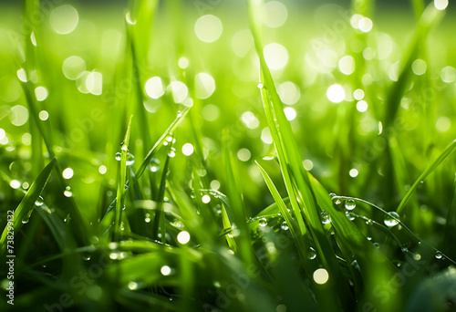 Green grass with dewdrops. AI generated
