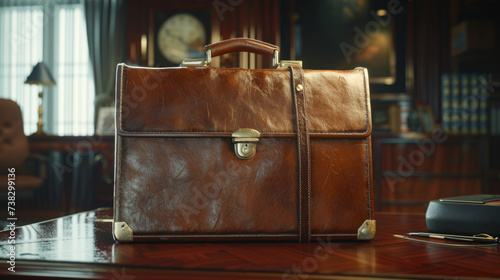 A classic, well-preserved leather briefcase placed on a polished mahogany desk